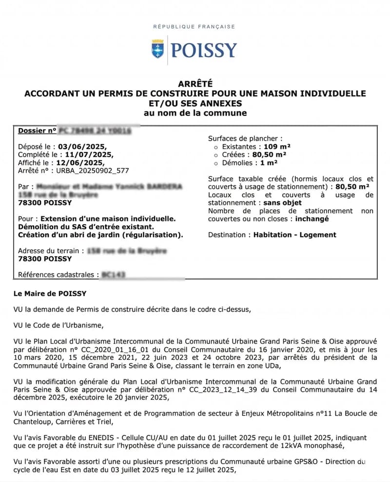 Arrêté de Permis de Construire délivré par la commune de Poissy pour une extension de maison individuelle