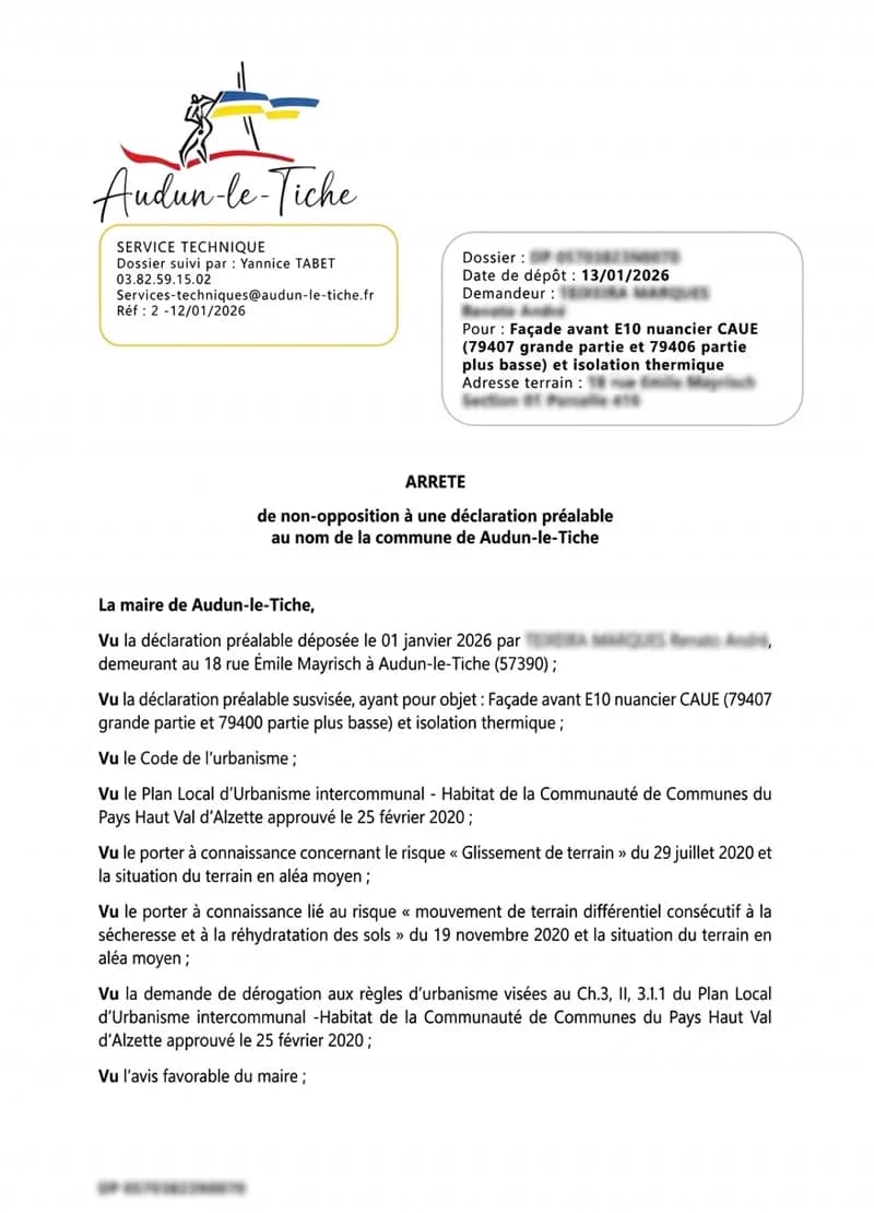 Arrêté de non-opposition à Déclaration Préalable délivré par la commune d'Audun-le-Tiche pour une rénovation de façade et isolation thermique