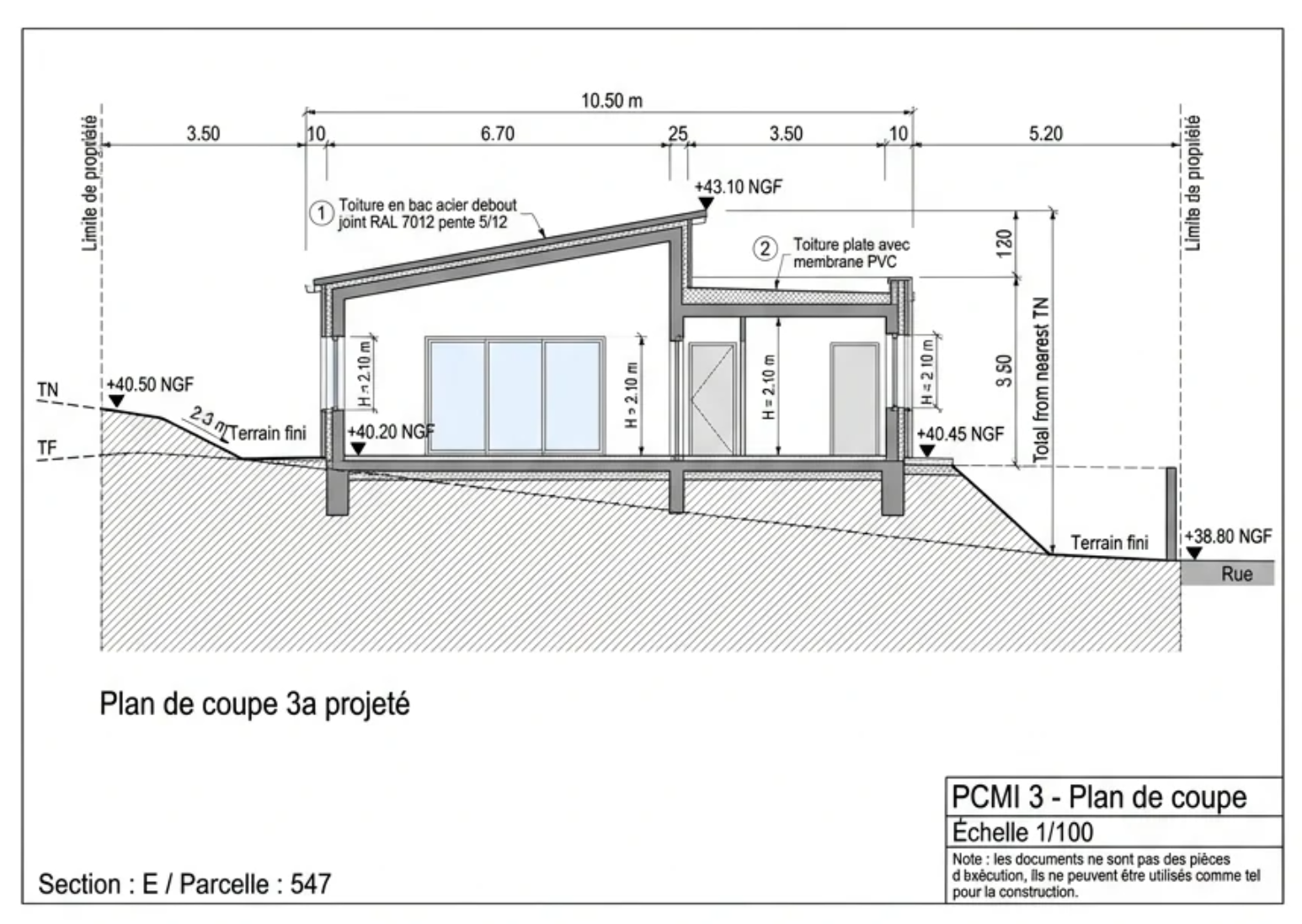 Exemple de plan de coupe PCMI 3 : profil terrain naturel (TN) et terrain fini (TF), cotes NGF, hauteurs bâti au faîtage, échelle 1/100
