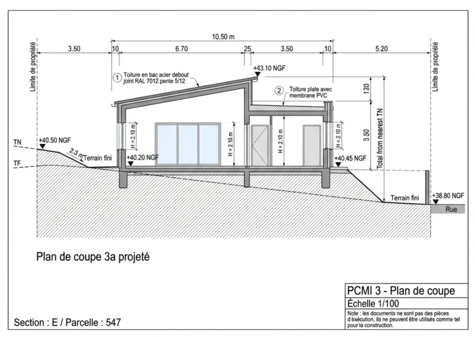 Exemple de plan de coupe PCMI 3 : profil terrain naturel (TN) et terrain fini (TF), cotes NGF, hauteurs bâti au faîtage, échelle 1/100