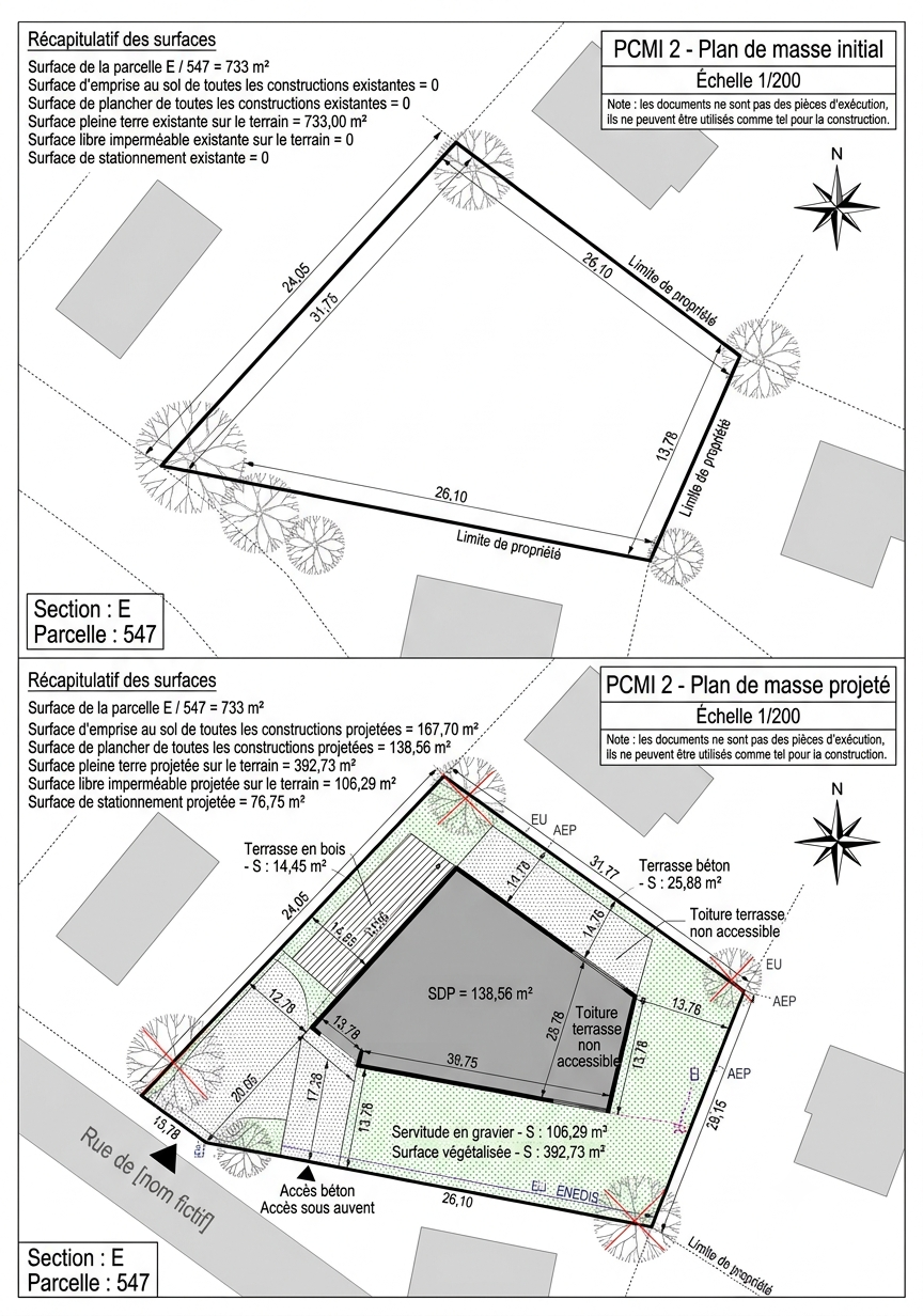Exemple de plan de masse PCM 2 : état initial et état projeté, récapitulatif des surfaces avant/après travaux, cotes des limites de propriété, échelle 1/200