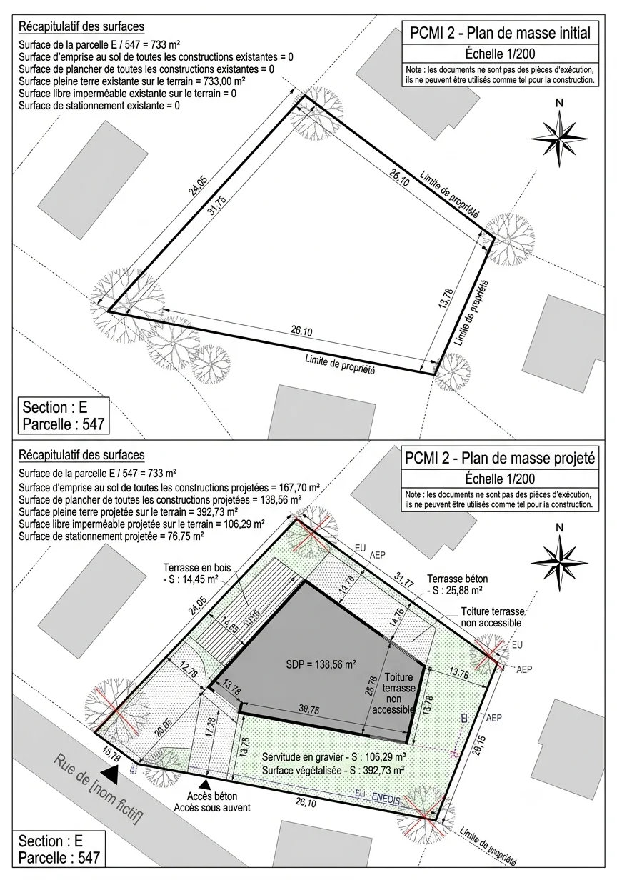 Exemple de plan de masse PCM 2 : état initial et état projeté, récapitulatif des surfaces avant/après travaux, cotes des limites de propriété, échelle 1/200